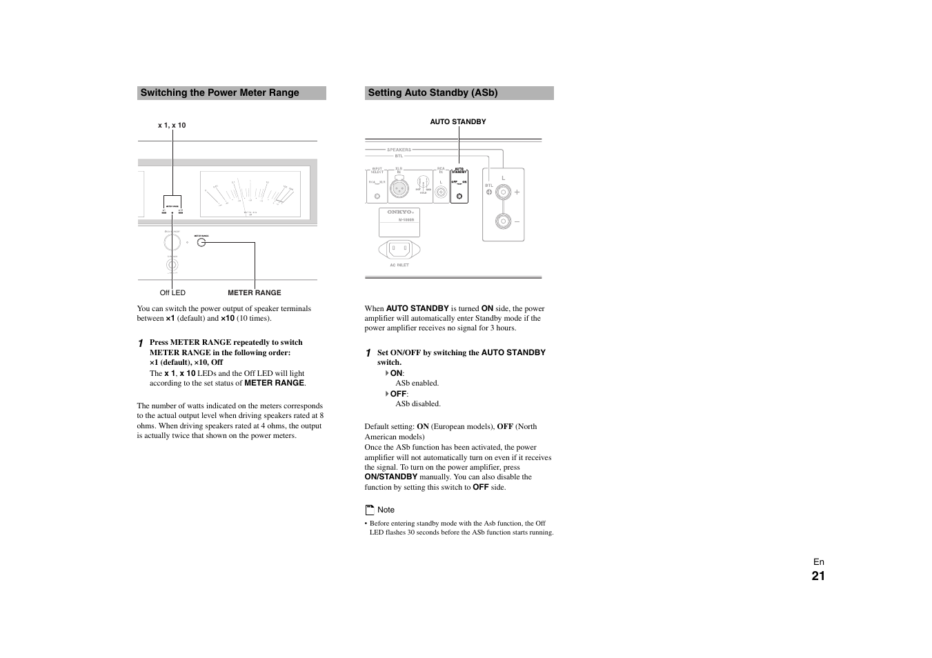 Switching the power meter range, Setting auto standby (asb), Leds | Onkyo Power Amplifier M-5000R User Manual | Page 21 / 24