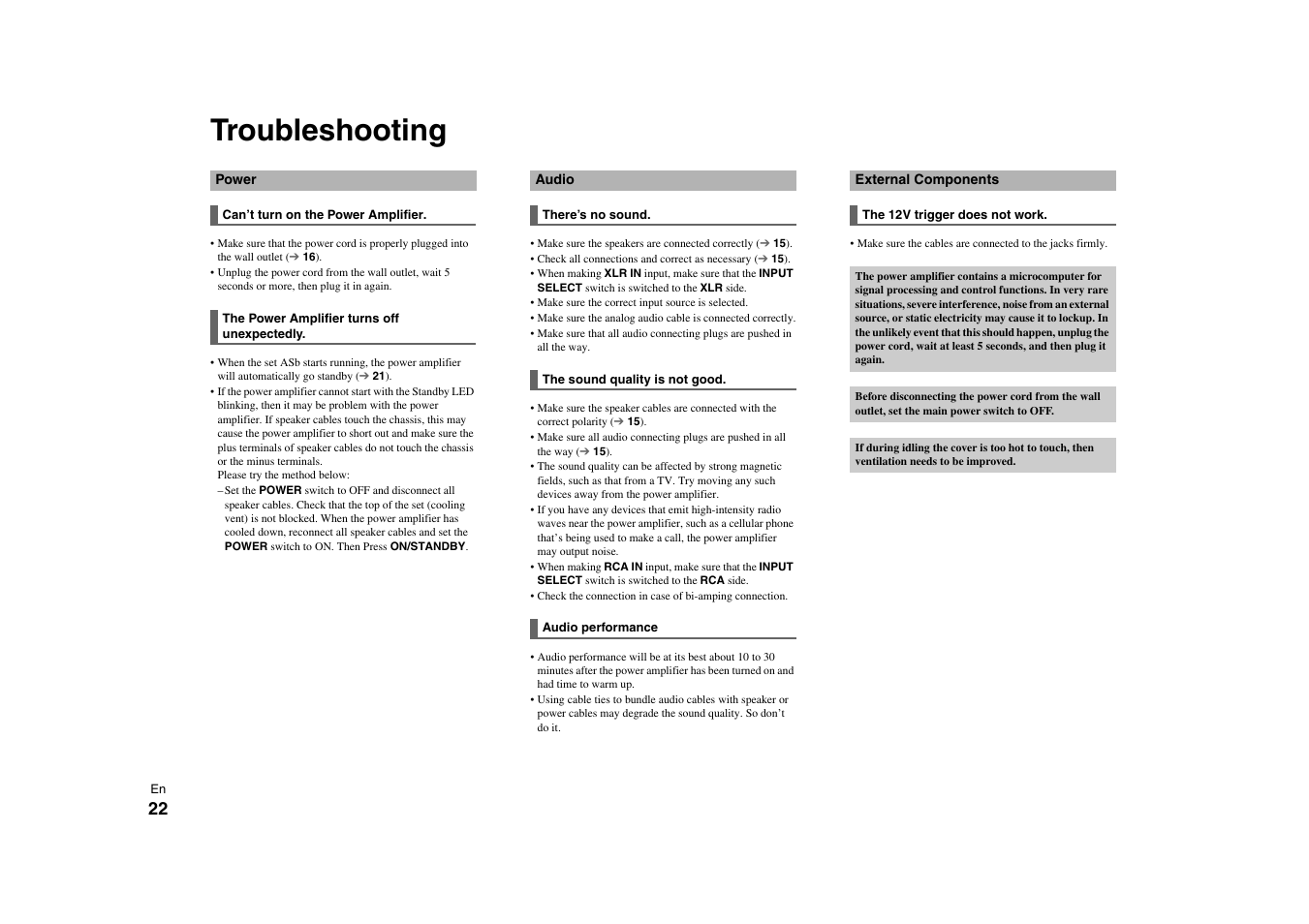 Others, Troubleshooting | Onkyo Power Amplifier M-5000R User Manual | Page 22 / 24