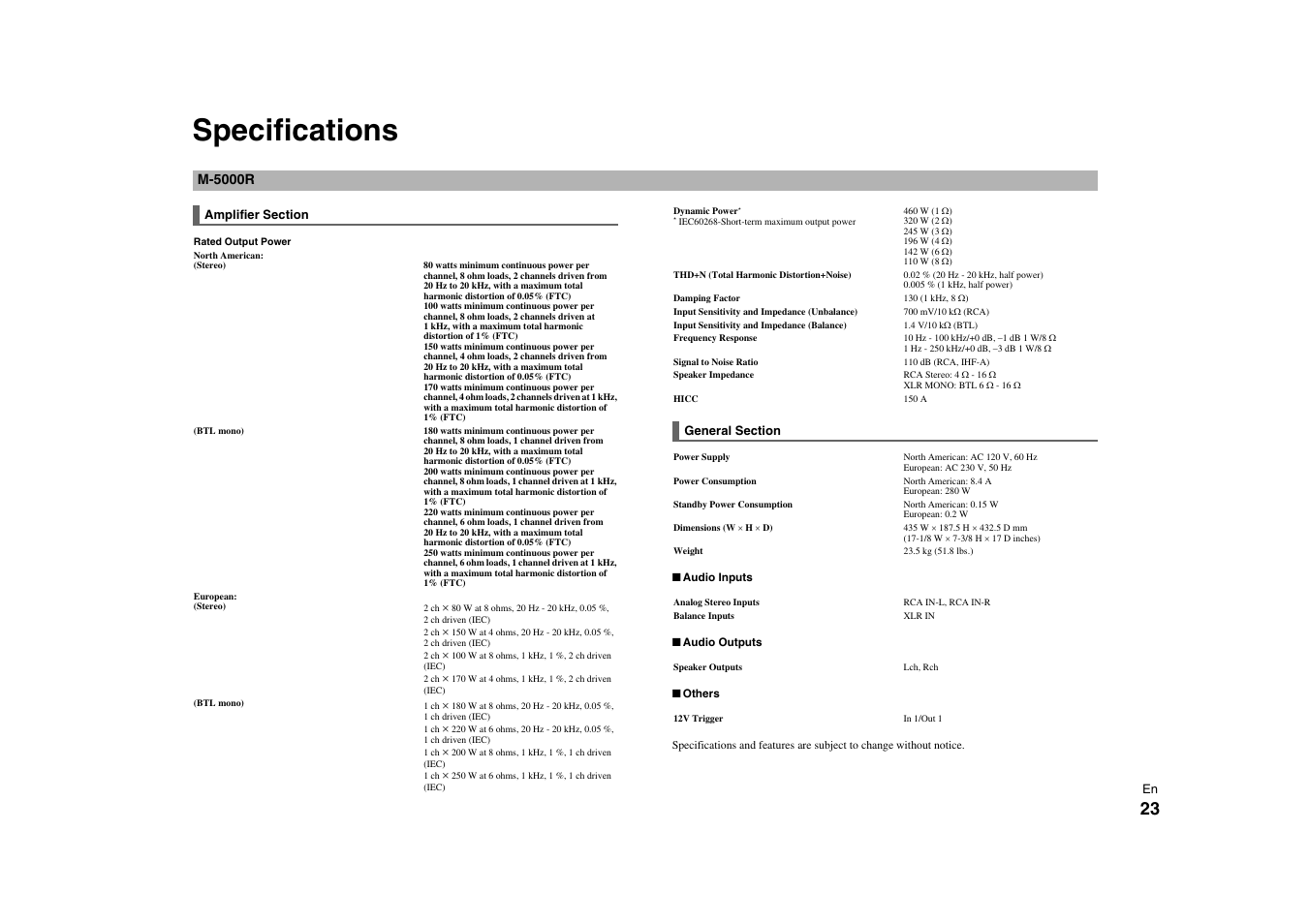 Specifications | Onkyo Power Amplifier M-5000R User Manual | Page 23 / 24