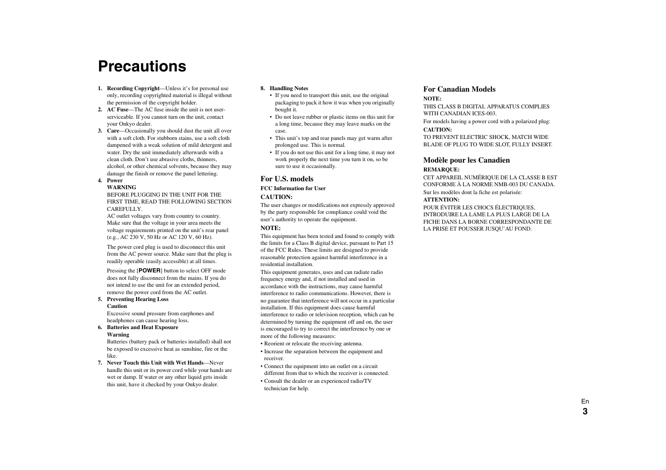 Precautions | Onkyo Power Amplifier M-5000R User Manual | Page 3 / 24