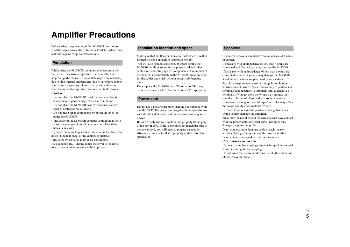 Amplifier precautions, Ventilation, Installation location and space | Power cord, Speakers | Onkyo Power Amplifier M-5000R User Manual | Page 5 / 24