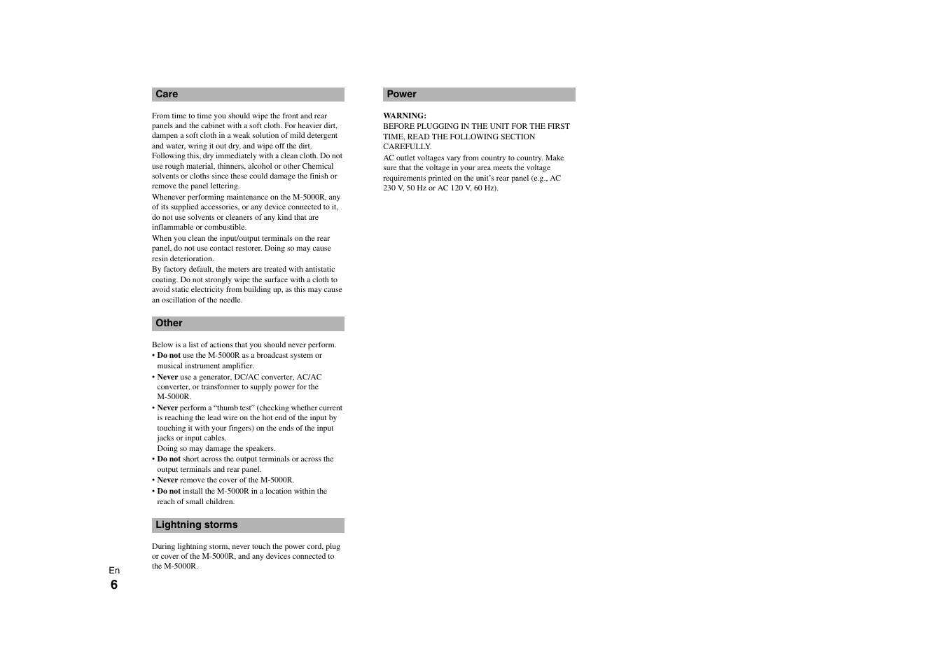 Care, Other, Lightning storms | Power | Onkyo Power Amplifier M-5000R User Manual | Page 6 / 24