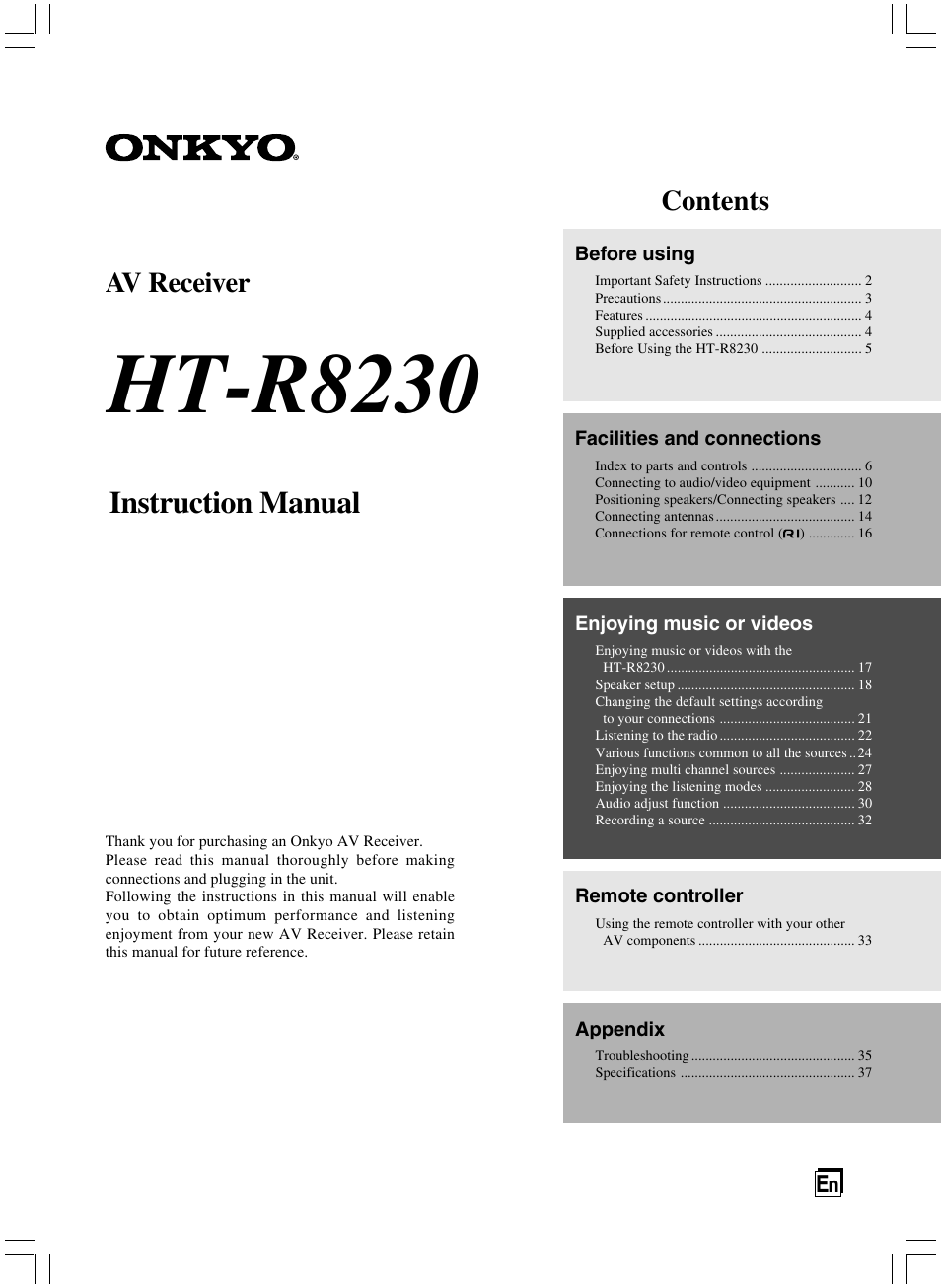 Onkyo AV RECEIVER HT-R8230 User Manual | 40 pages