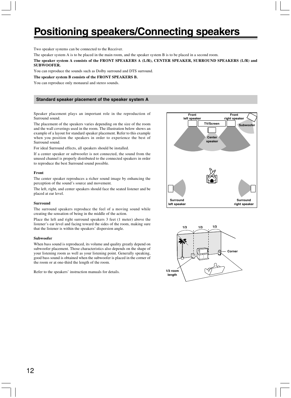 Positioning speakers/connecting speakers | Onkyo AV RECEIVER HT-R8230 User Manual | Page 12 / 40