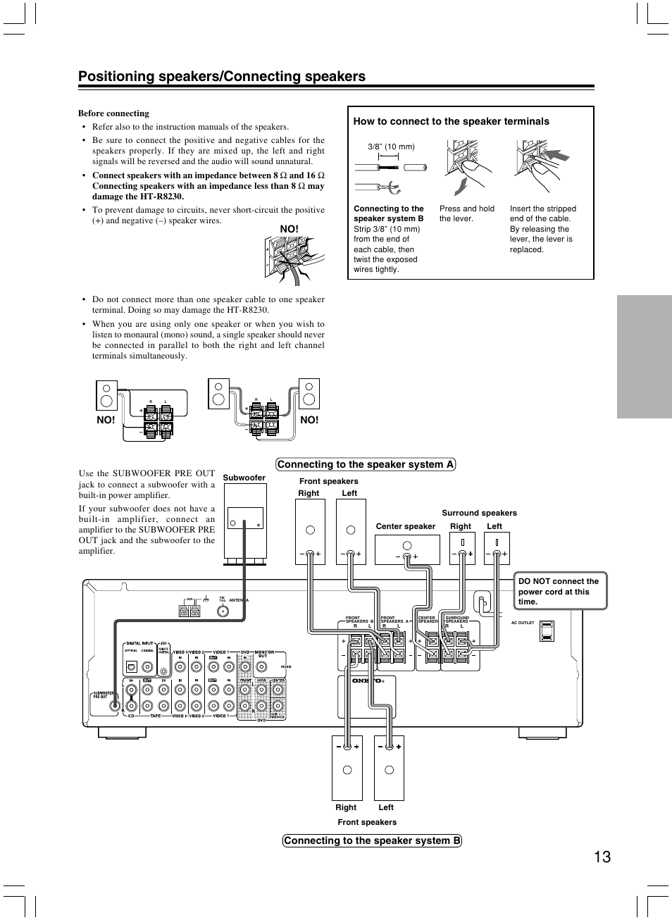 Positioning speakers/connecting speakers, How to connect to the speaker terminals | Onkyo AV RECEIVER HT-R8230 User Manual | Page 13 / 40