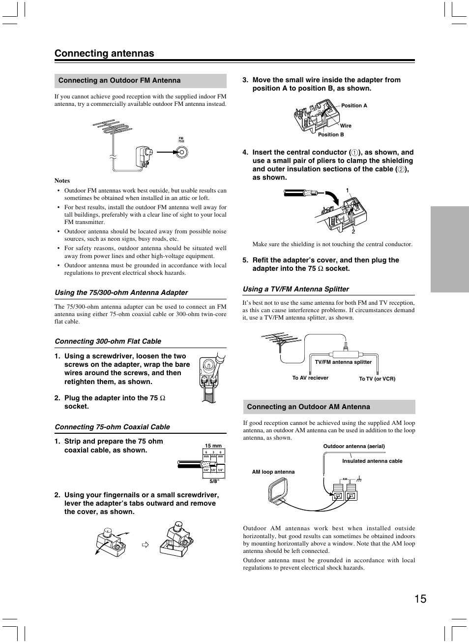 Connecting antennas, Connecting an outdoor fm antenna | Onkyo AV RECEIVER HT-R8230 User Manual | Page 15 / 40