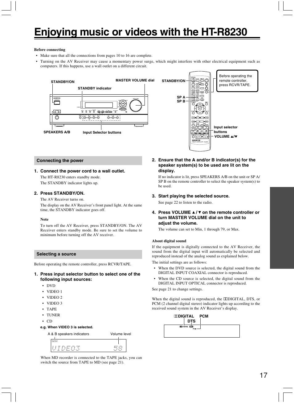 Enjoying music or videos with the ht-r8230 | Onkyo AV RECEIVER HT-R8230 User Manual | Page 17 / 40