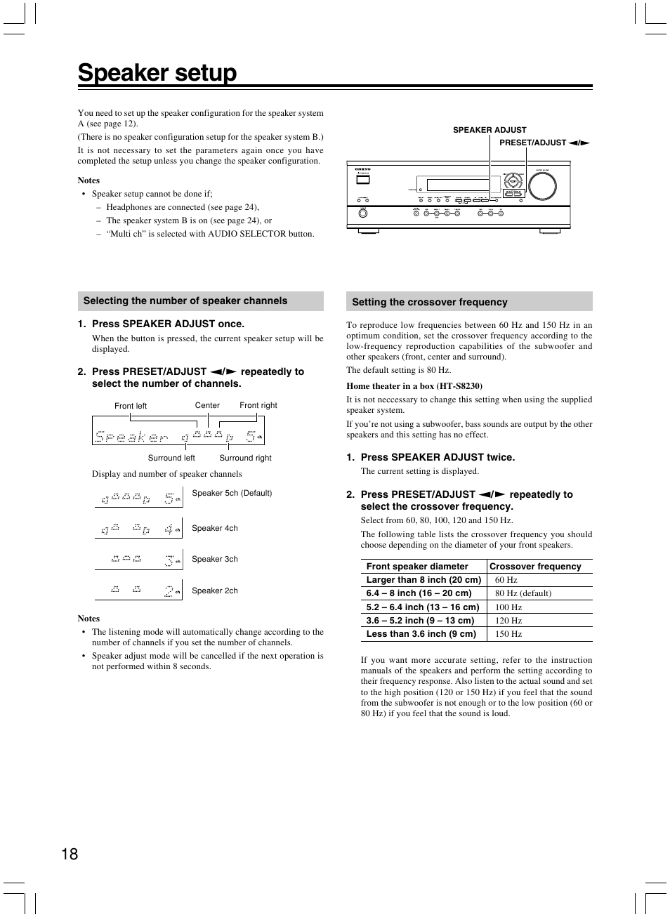Speaker setup | Onkyo AV RECEIVER HT-R8230 User Manual | Page 18 / 40