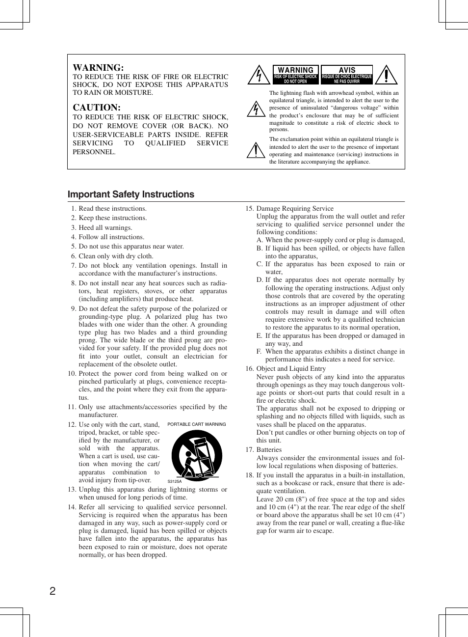 Important safety instructions, Warning, Caution | Onkyo AV RECEIVER HT-R8230 User Manual | Page 2 / 40