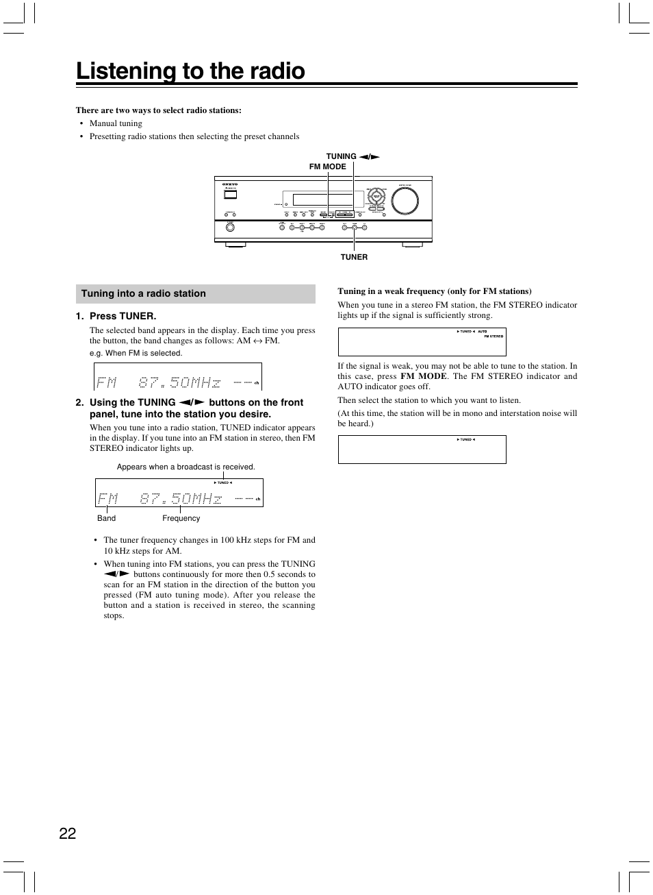 Listening to the radio | Onkyo AV RECEIVER HT-R8230 User Manual | Page 22 / 40