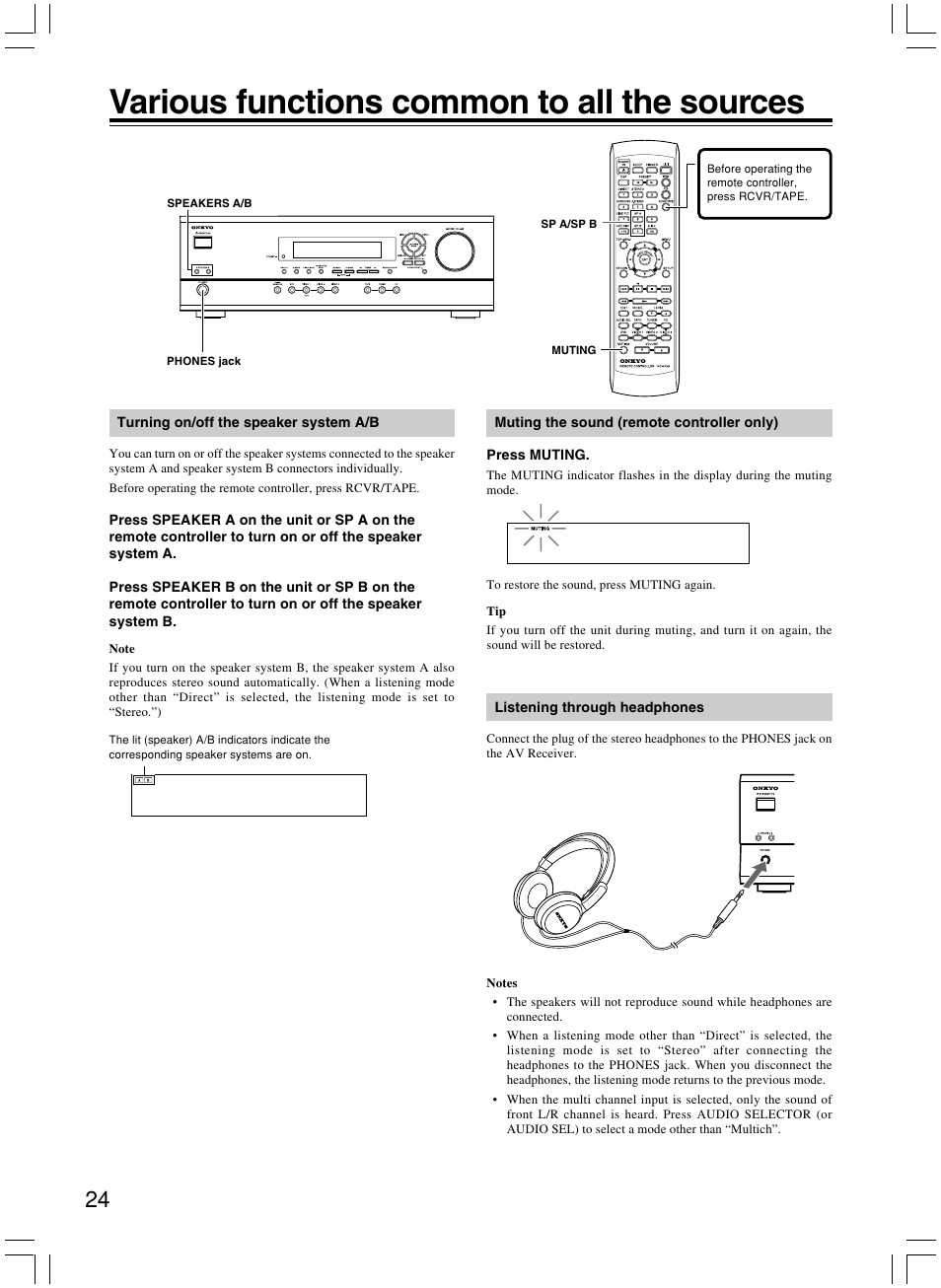 Various functions common to all the sources | Onkyo AV RECEIVER HT-R8230 User Manual | Page 24 / 40