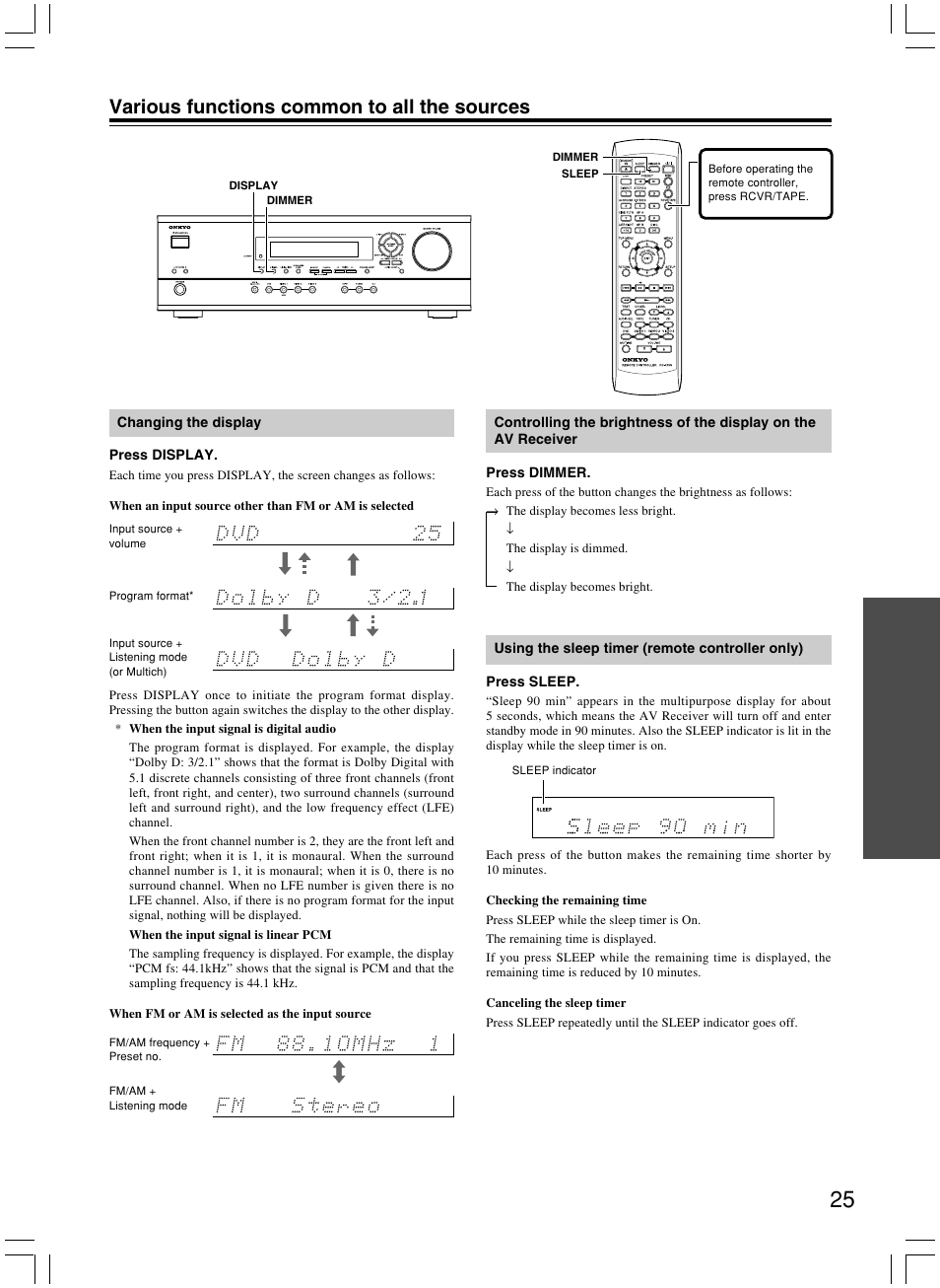 Various functions common to all the sources | Onkyo AV RECEIVER HT-R8230 User Manual | Page 25 / 40