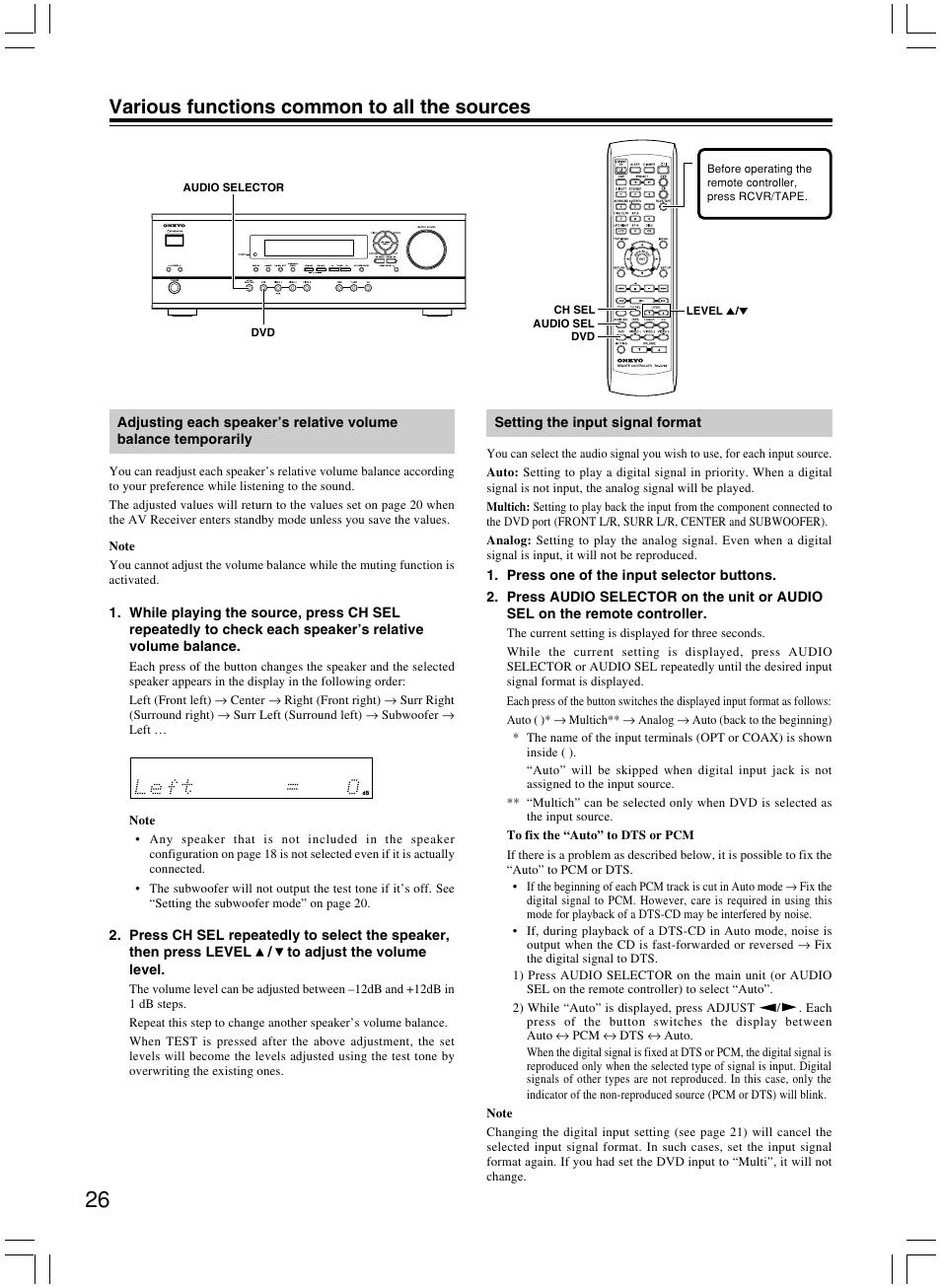 Various functions common to all the sources | Onkyo AV RECEIVER HT-R8230 User Manual | Page 26 / 40