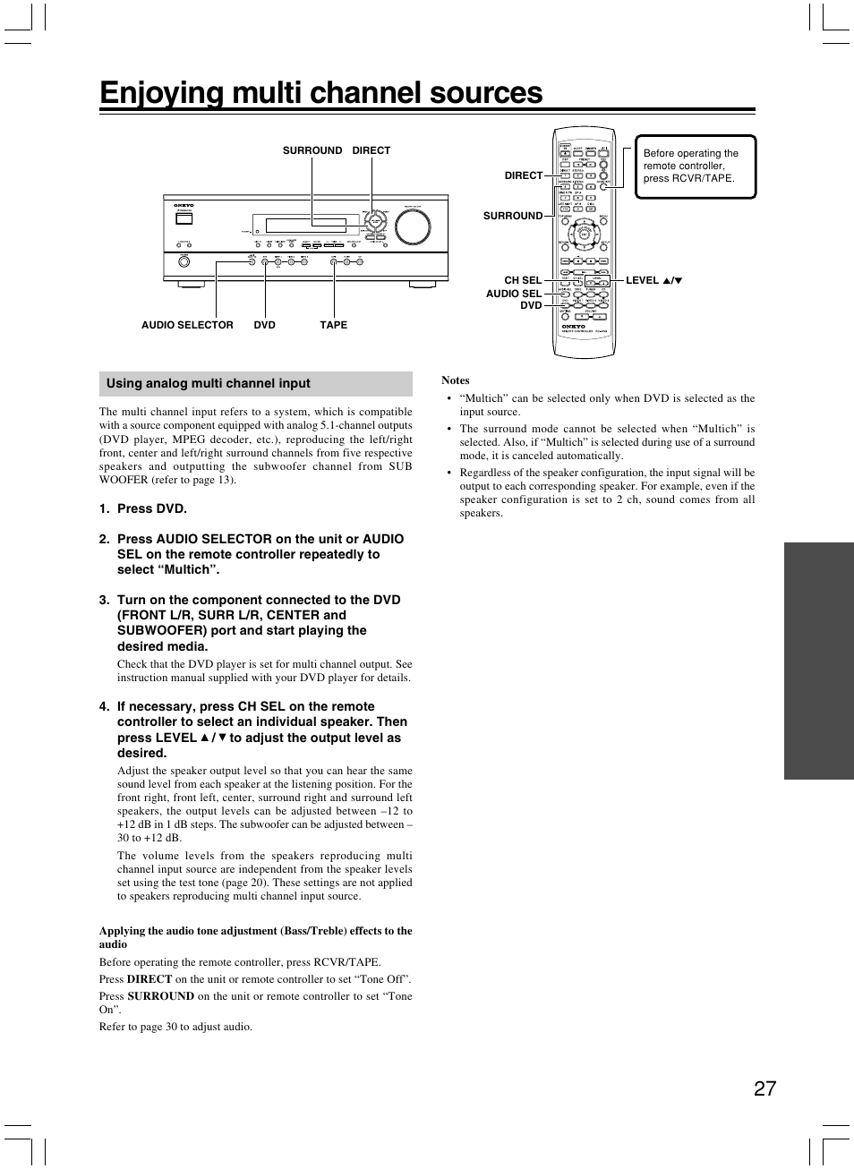 Enjoying multi channel sources | Onkyo AV RECEIVER HT-R8230 User Manual | Page 27 / 40