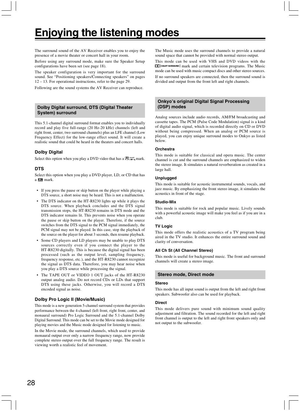 Enjoying the listening modes | Onkyo AV RECEIVER HT-R8230 User Manual | Page 28 / 40