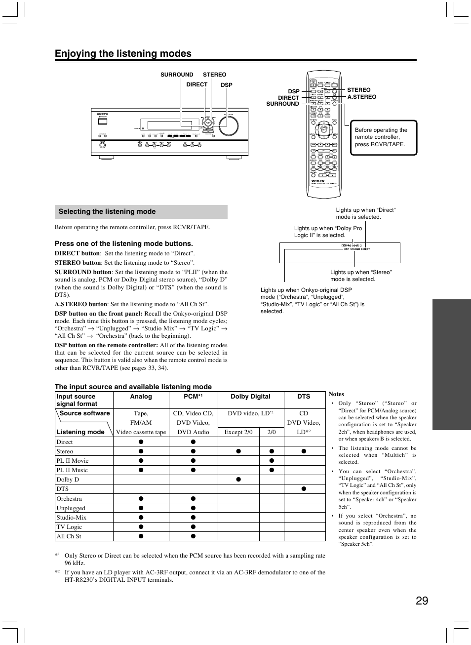 Enjoying the listening modes | Onkyo AV RECEIVER HT-R8230 User Manual | Page 29 / 40