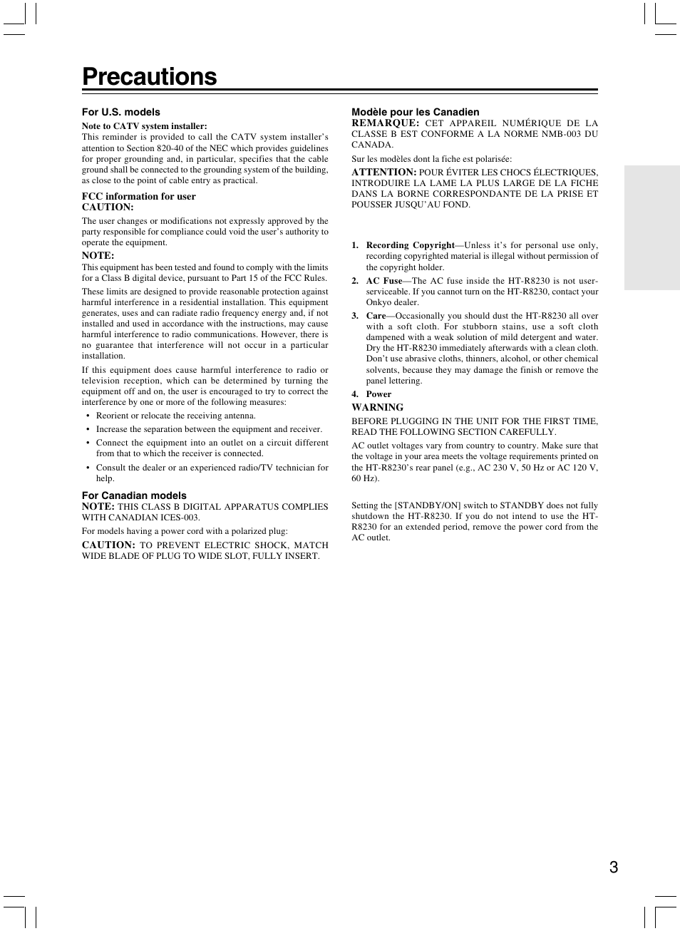 Precautions | Onkyo AV RECEIVER HT-R8230 User Manual | Page 3 / 40