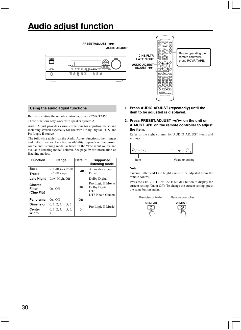 Audio adjust function | Onkyo AV RECEIVER HT-R8230 User Manual | Page 30 / 40
