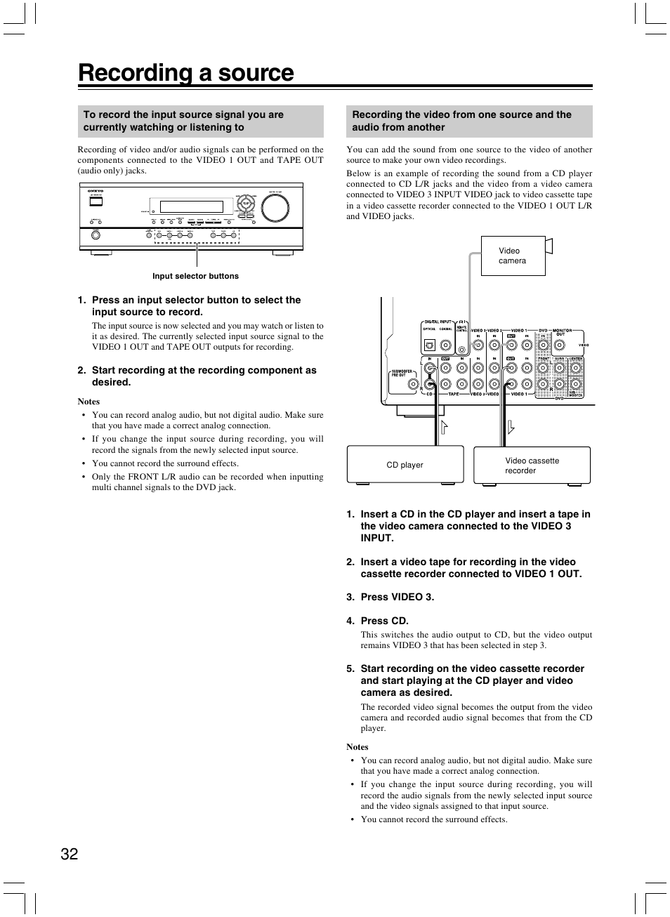 Recording a source | Onkyo AV RECEIVER HT-R8230 User Manual | Page 32 / 40