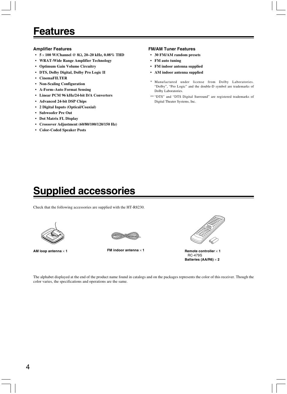 Features, Supplied accessories | Onkyo AV RECEIVER HT-R8230 User Manual | Page 4 / 40