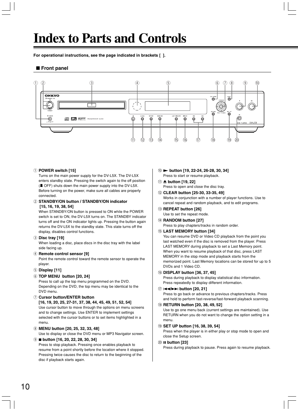 Index to parts and controls | Onkyo DV-L5X User Manual | Page 10 / 60