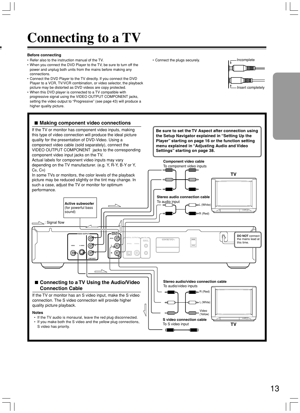 Connecting to a tv, Making component video connections | Onkyo DV-L5X User Manual | Page 13 / 60