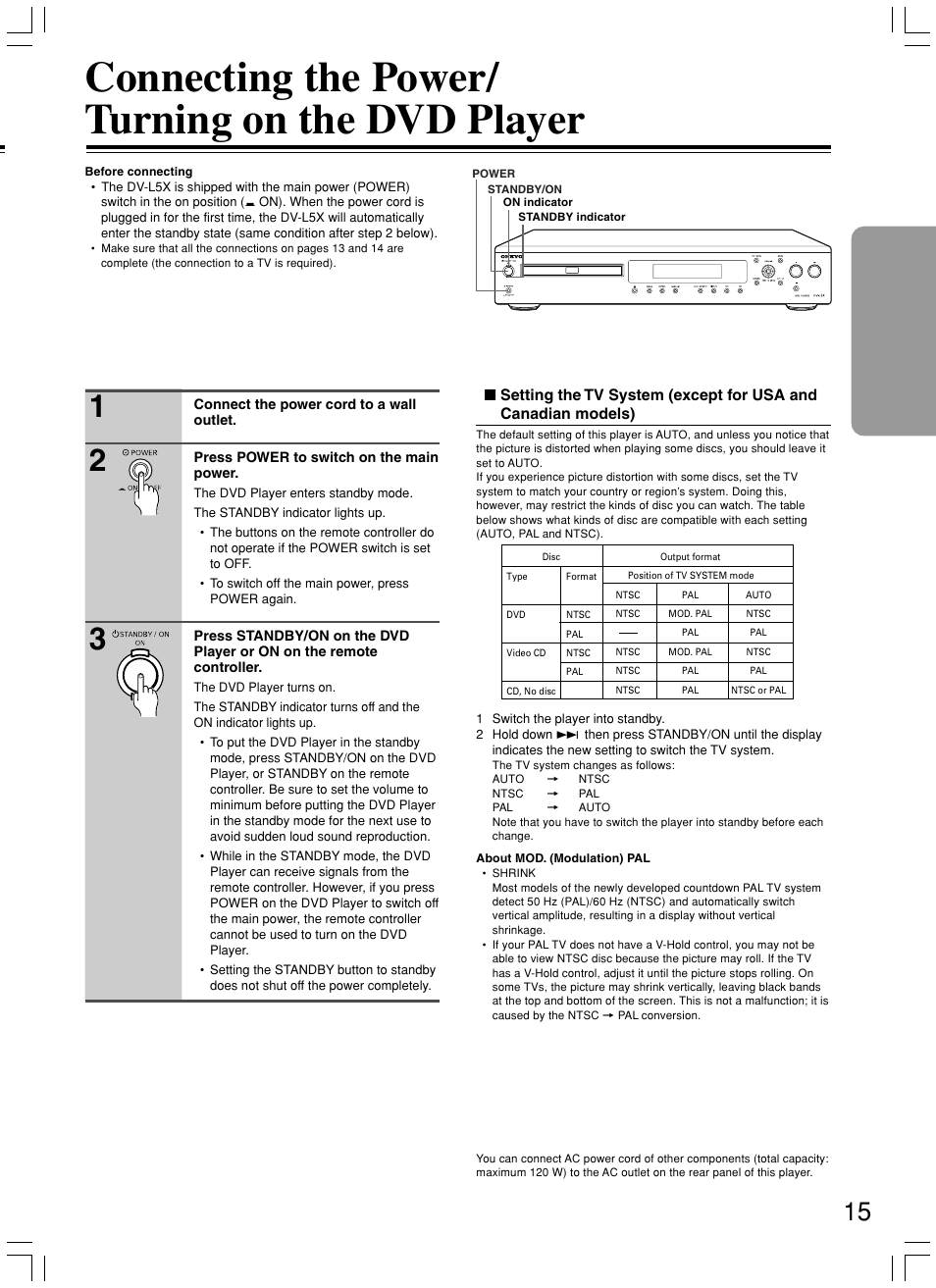 Connecting the power/ turning on the dvd player | Onkyo DV-L5X User Manual | Page 15 / 60