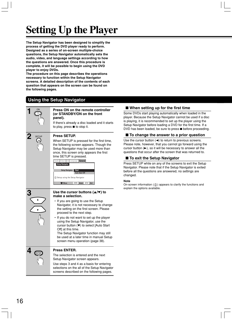 Setting up the player, Using the setup navigator | Onkyo DV-L5X User Manual | Page 16 / 60