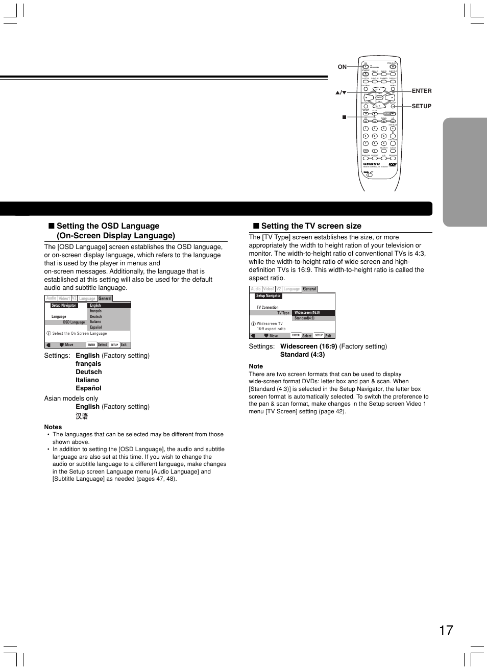 Setting the tv screen size, Setup enter on 5 / ∞ 7 | Onkyo DV-L5X User Manual | Page 17 / 60