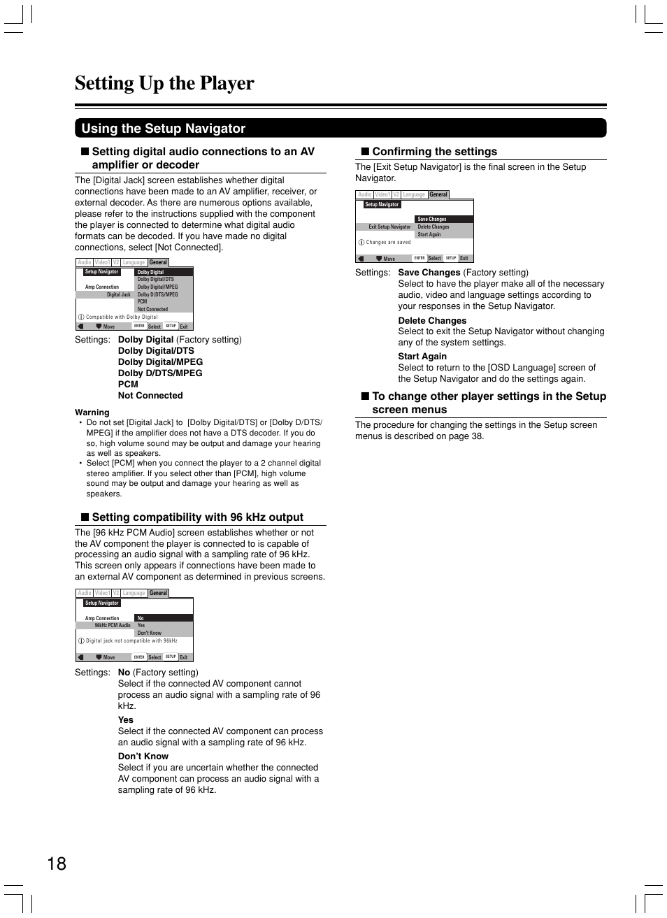 Setting up the player, Using the setup navigator, Confirming the settings | Setting compatibility with 96 khz output | Onkyo DV-L5X User Manual | Page 18 / 60