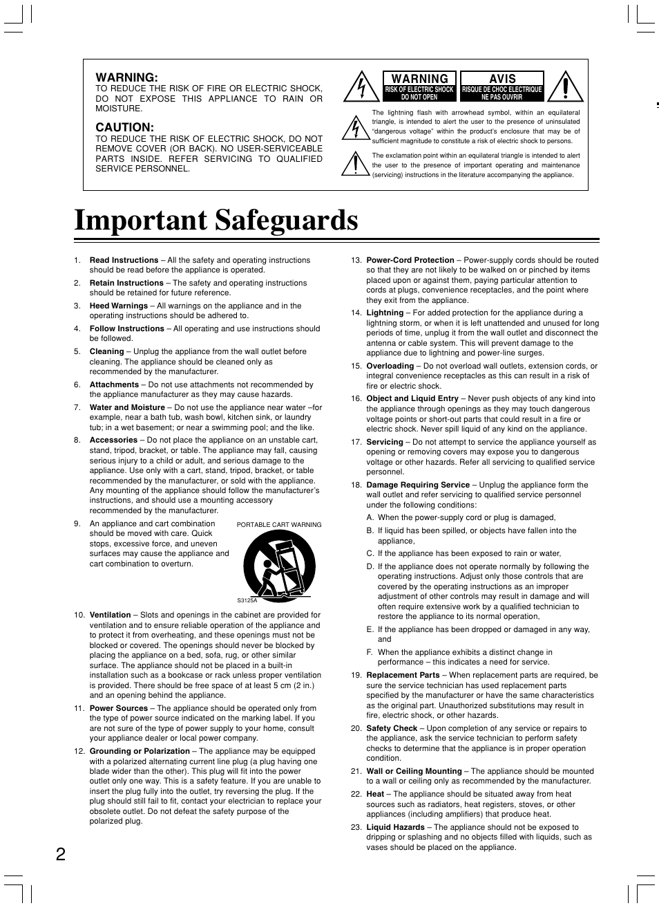 Important safeguards, Warning, Caution | Avis | Onkyo DV-L5X User Manual | Page 2 / 60