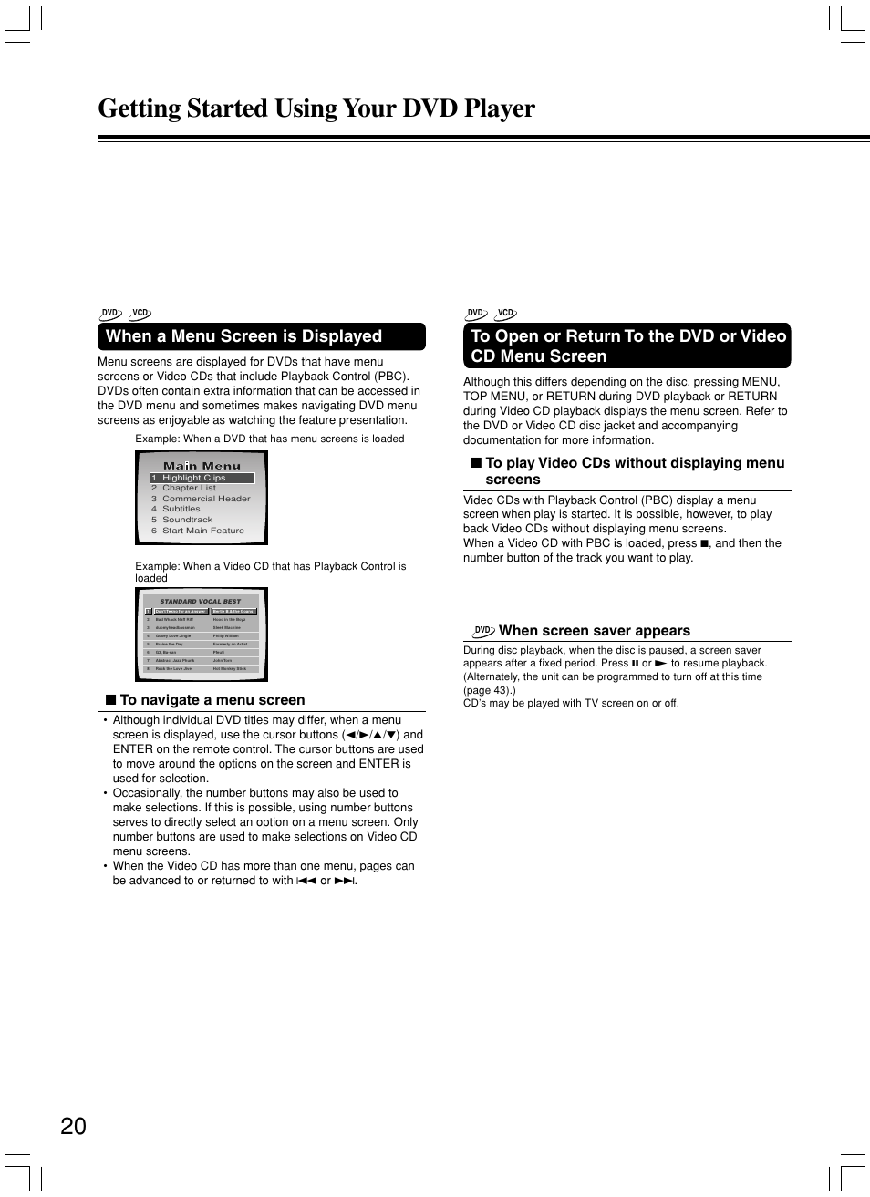 Getting started using your dvd player, When a menu screen is displayed, When screen saver appears | Onkyo DV-L5X User Manual | Page 20 / 60