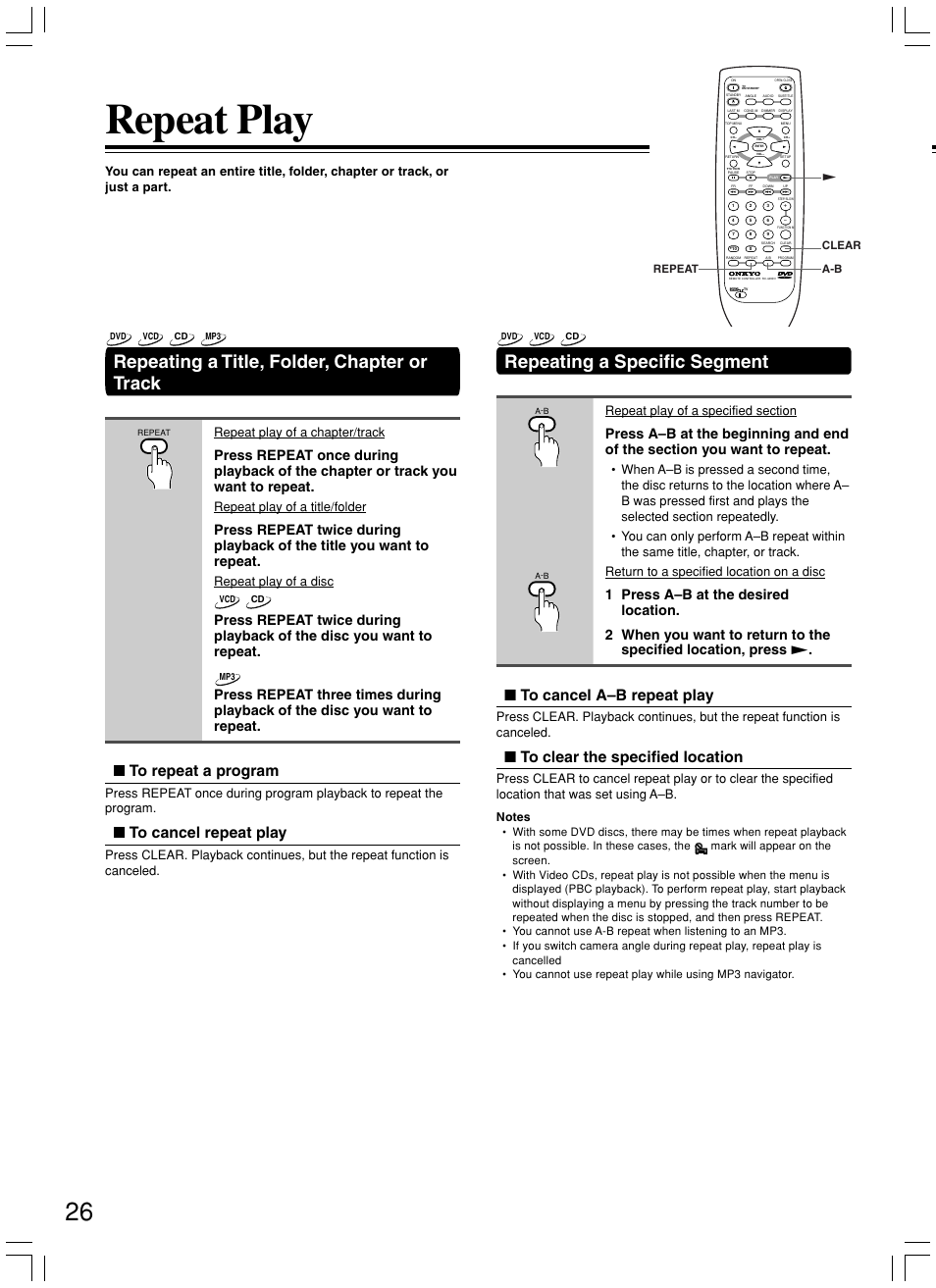 Repeat play, Repeating a title, folder, chapter or track, Repeating a specific segment | Repeat play of a chapter/track, Repeat play of a title/folder, Repeat play of a disc | Onkyo DV-L5X User Manual | Page 26 / 60