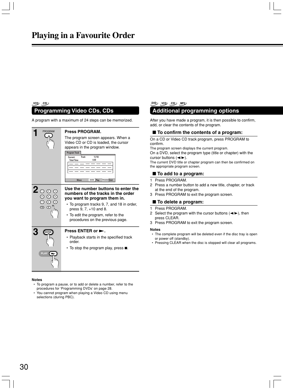 Playing in a favourite order, Programming video cds, cds, Additional programming options | Onkyo DV-L5X User Manual | Page 30 / 60