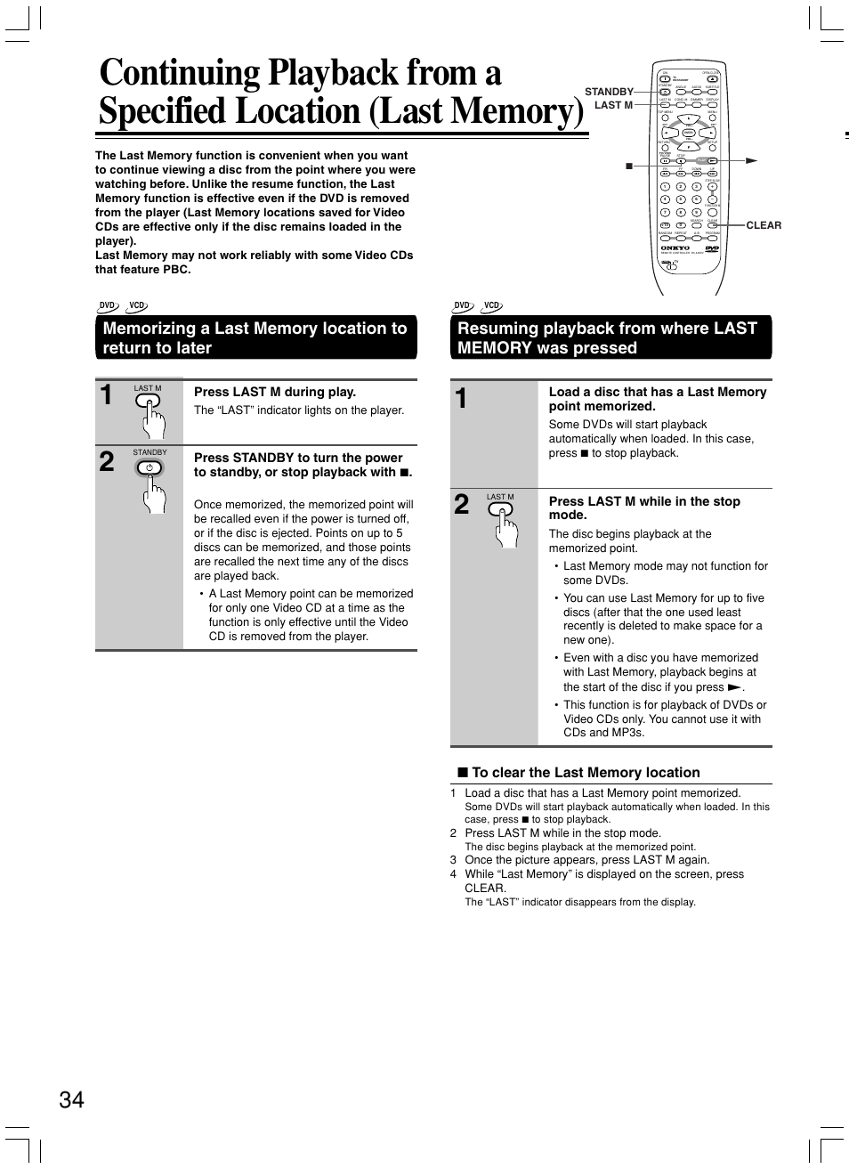 Press last m during play, Press last m while in the stop mode, The “last” indicator lights on the player | 2 press last m while in the stop mode | Onkyo DV-L5X User Manual | Page 34 / 60