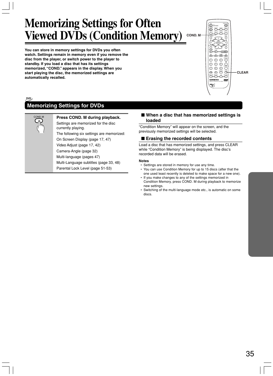 Erasing the recorded contents, Press cond. m during playback, Clear cond. m | Onkyo DV-L5X User Manual | Page 35 / 60