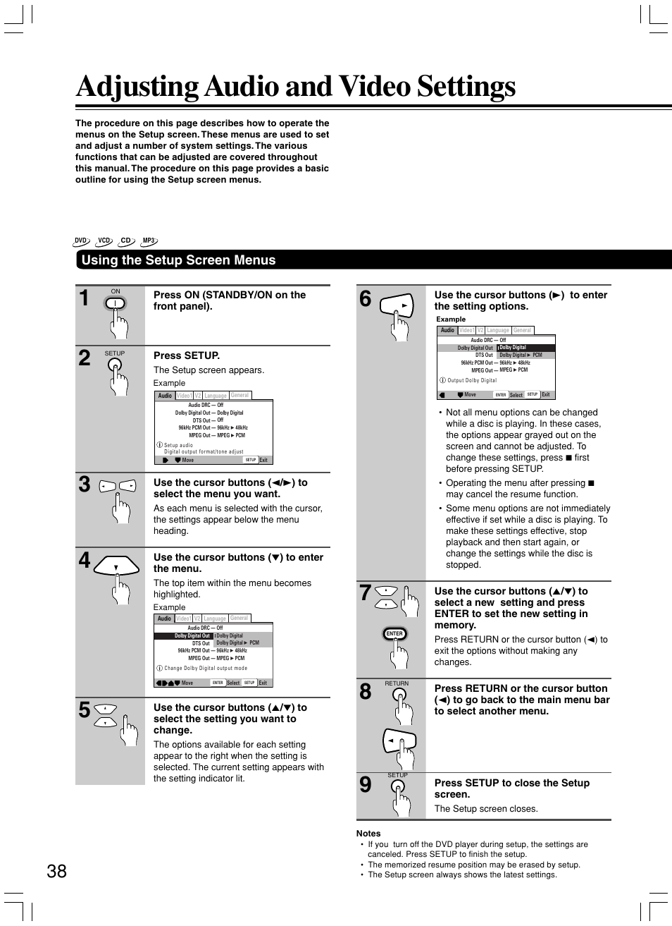 Adjusting audio and video settings, Using the setup screen menus | Onkyo DV-L5X User Manual | Page 38 / 60