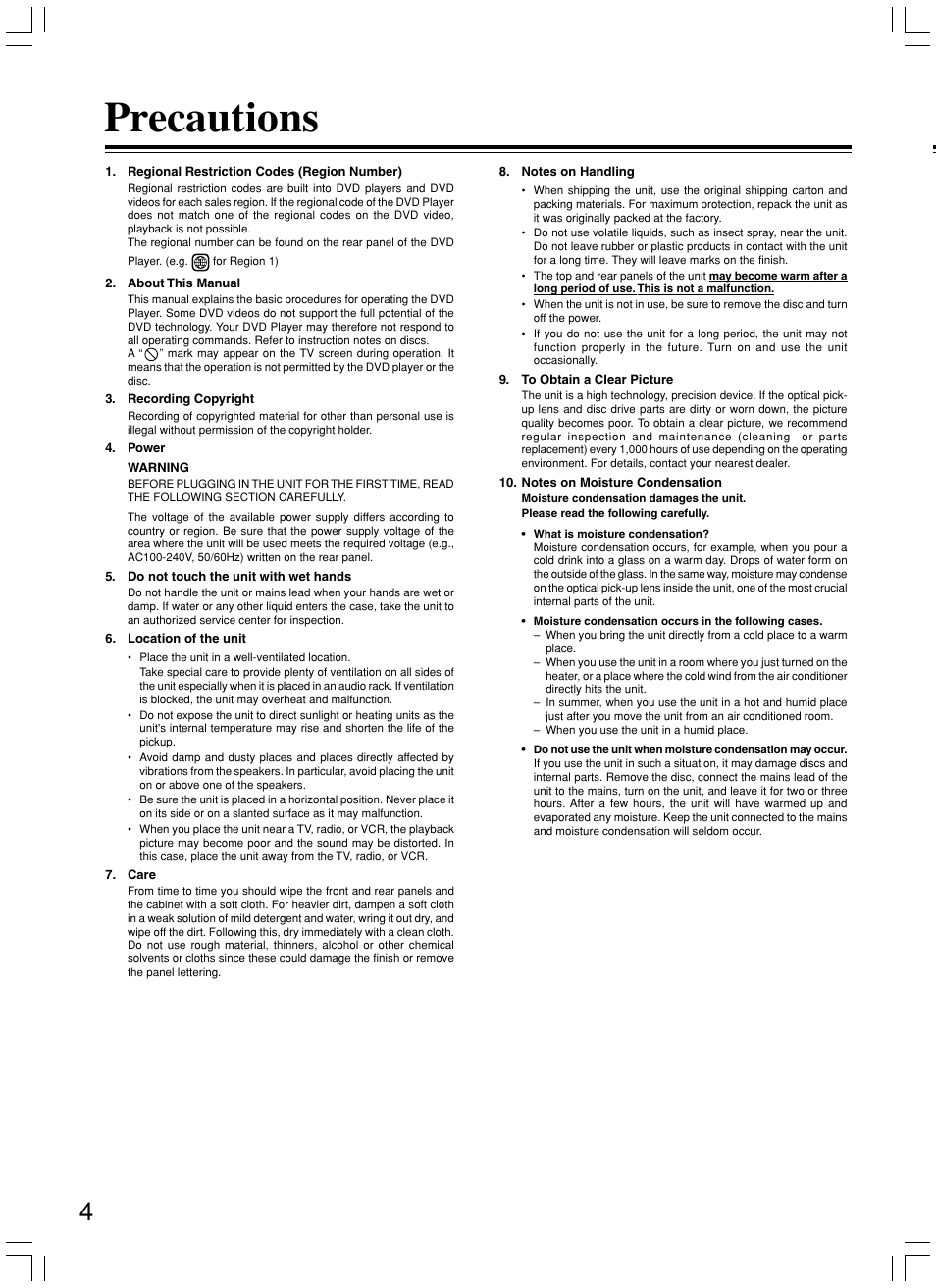 Precautions | Onkyo DV-L5X User Manual | Page 4 / 60