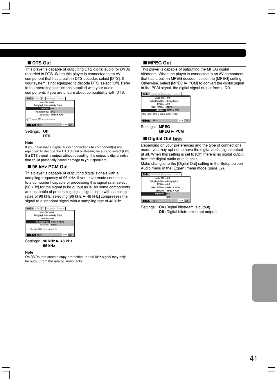 Dts out, Mpeg out, 96 khz pcm out | Digital out | Onkyo DV-L5X User Manual | Page 41 / 60