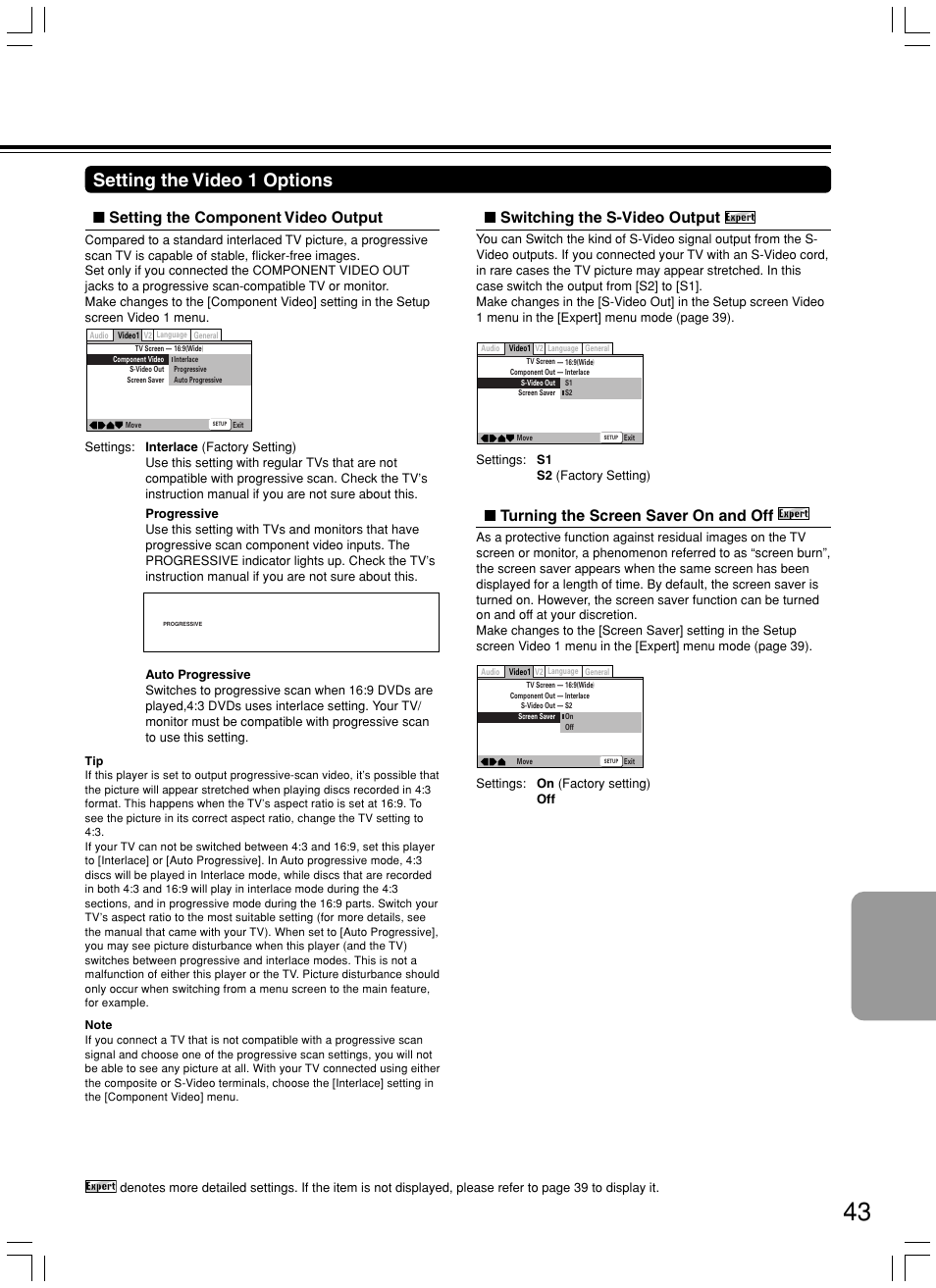 Setting the video 1 options, Turning the screen saver on and off, Switching the s-video output | Setting the component video output | Onkyo DV-L5X User Manual | Page 43 / 60