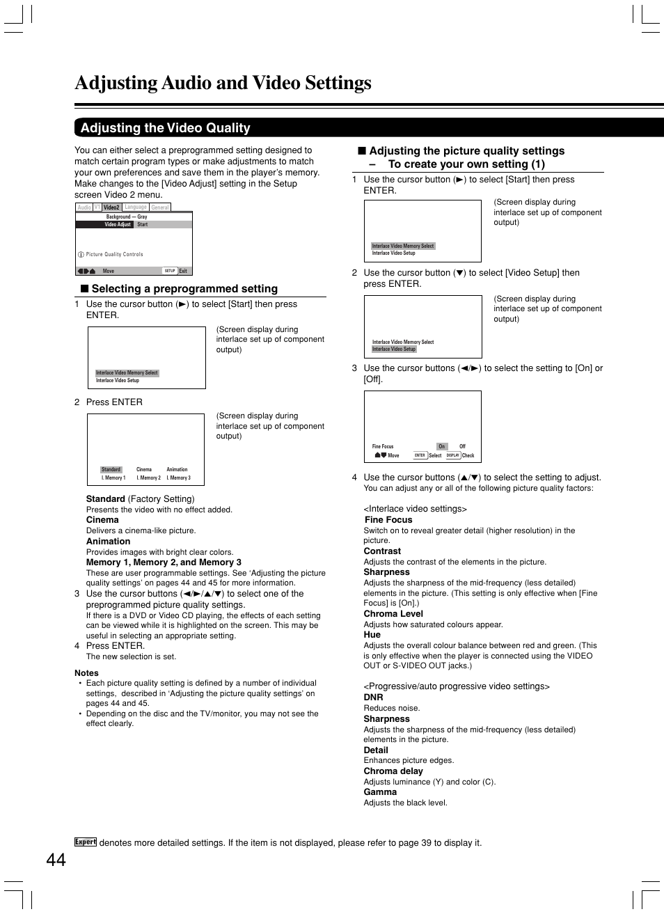 Adjusting audio and video settings, Adjusting the video quality, Selecting a preprogrammed setting | Onkyo DV-L5X User Manual | Page 44 / 60