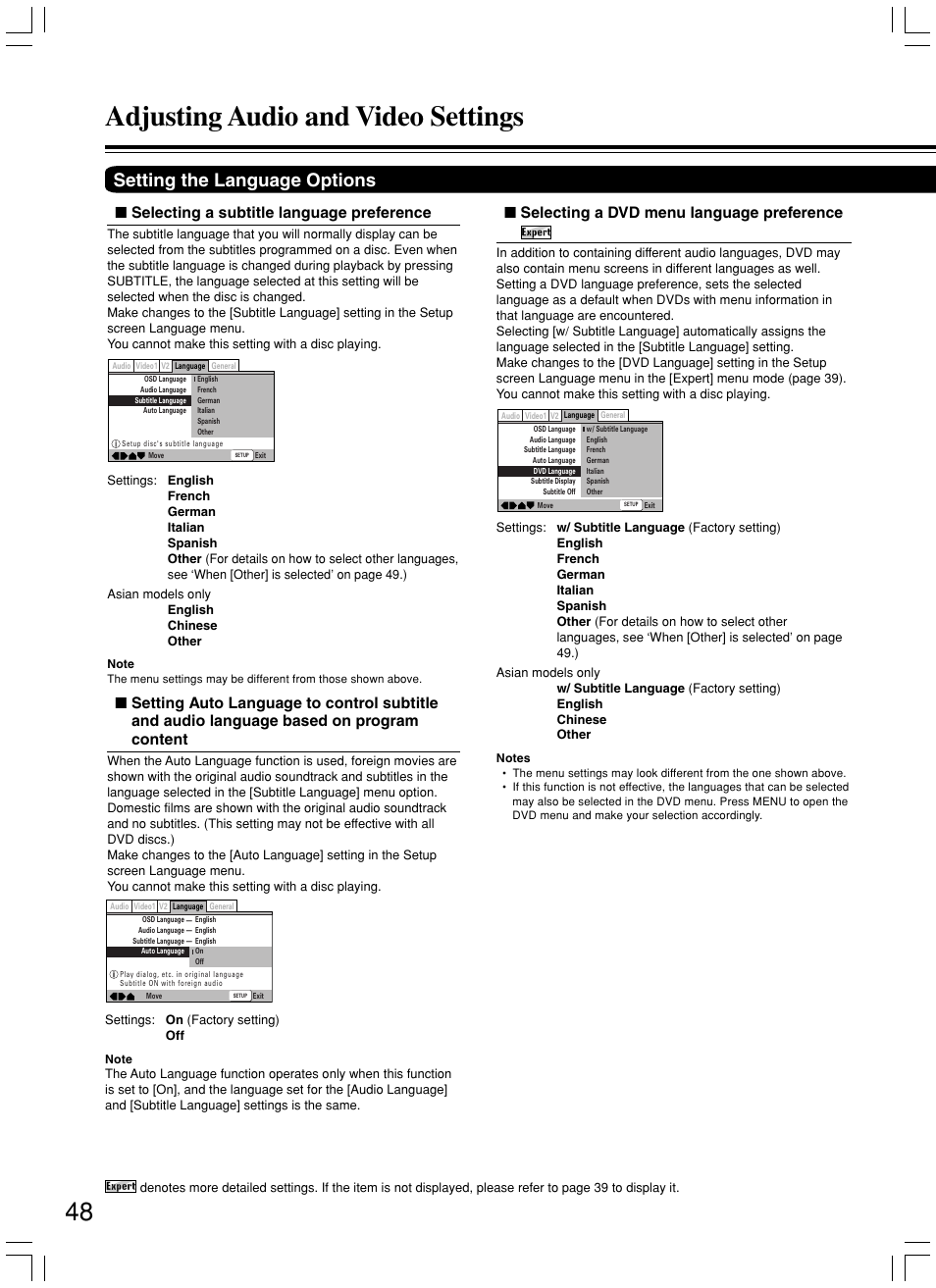 Adjusting audio and video settings, Setting the language options, Selecting a subtitle language preference | Selecting a dvd menu language preference | Onkyo DV-L5X User Manual | Page 48 / 60