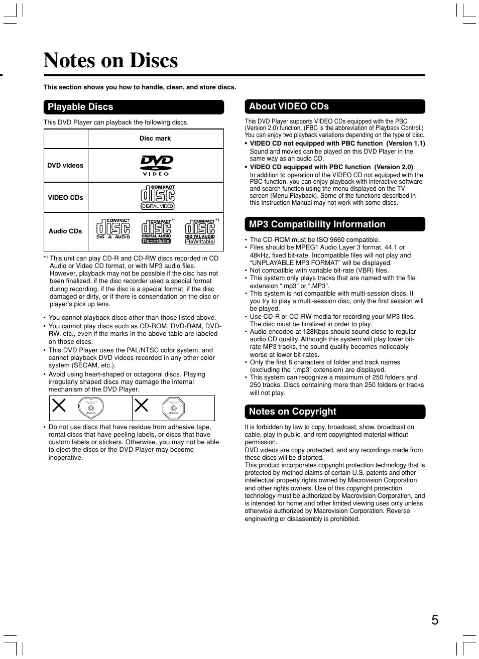 Playable discs, About video cds, Mp3 compatibility information | Onkyo DV-L5X User Manual | Page 5 / 60