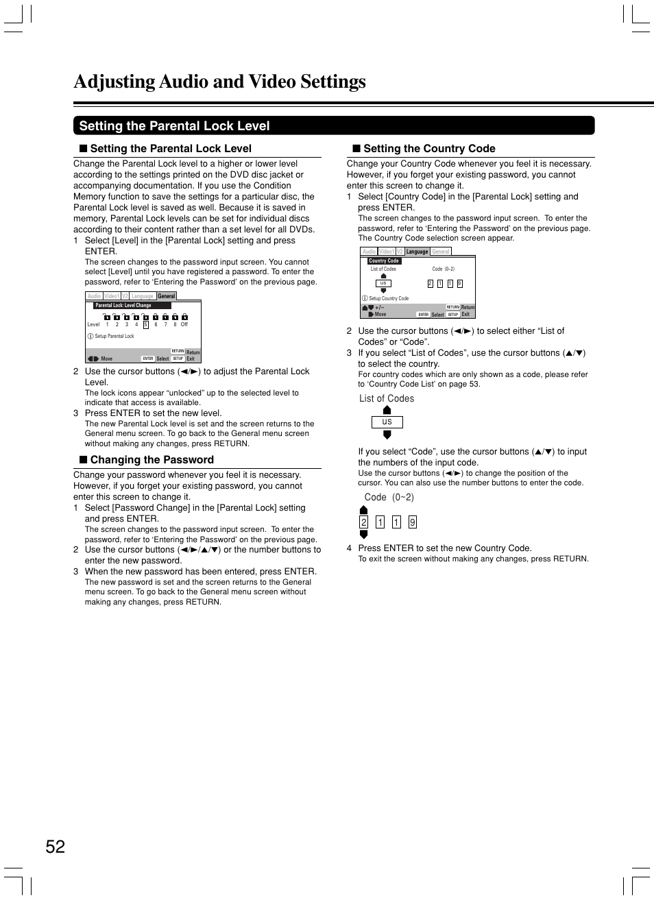 Adjusting audio and video settings, Setting the parental lock level, Changing the password | Setting the country code | Onkyo DV-L5X User Manual | Page 52 / 60