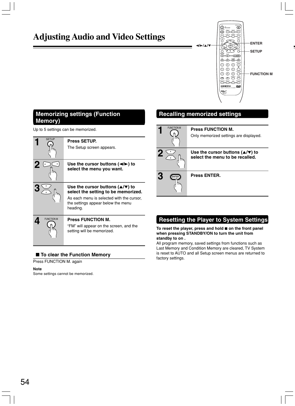 Adjusting audio and video settings, Resetting the player to system settings, Press setup | Press function m, The setup screen appears, Press function m. again | Onkyo DV-L5X User Manual | Page 54 / 60