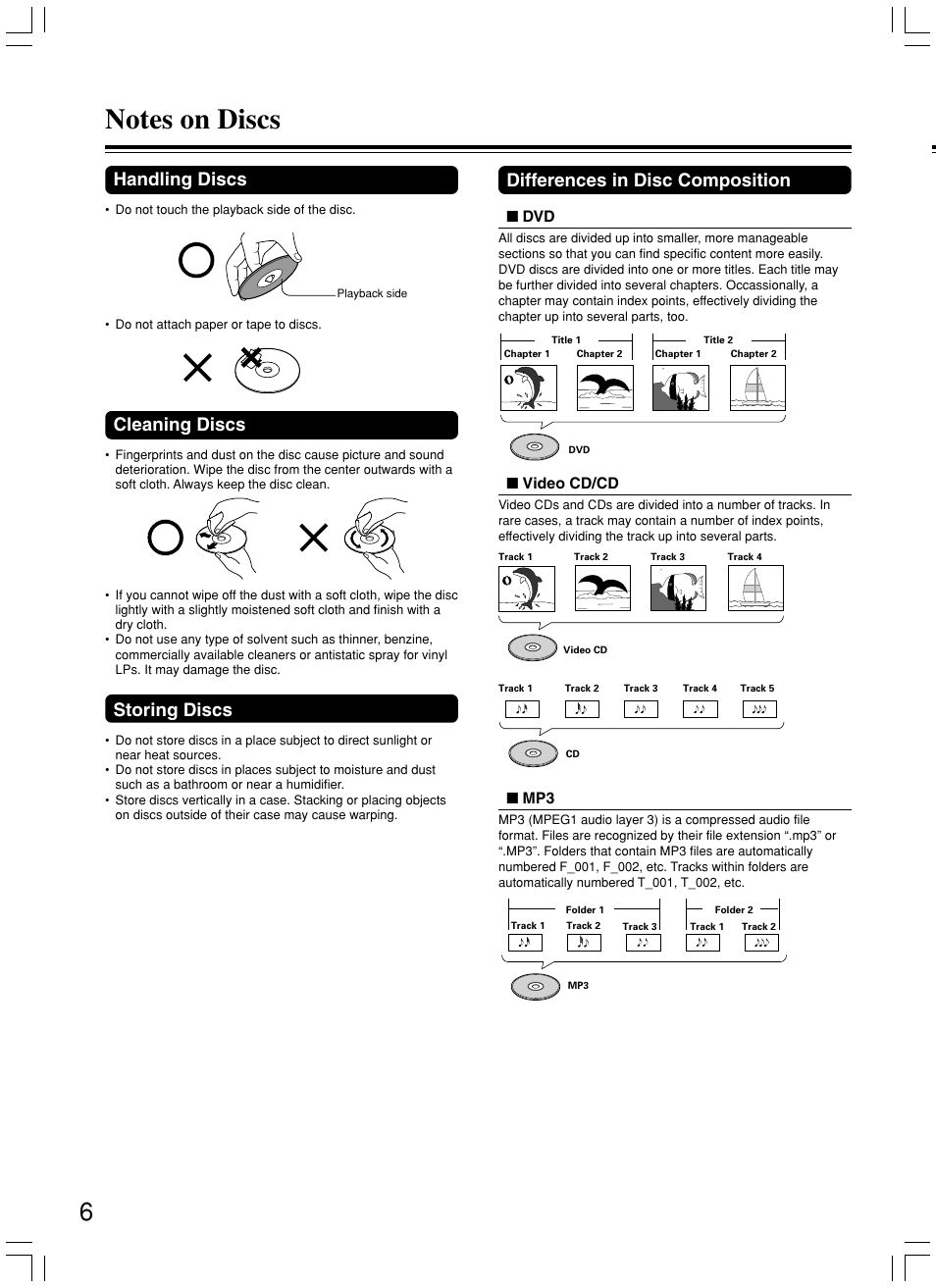 Cleaning discs, Storing discs, Handling discs | Differences in disc composition | Onkyo DV-L5X User Manual | Page 6 / 60