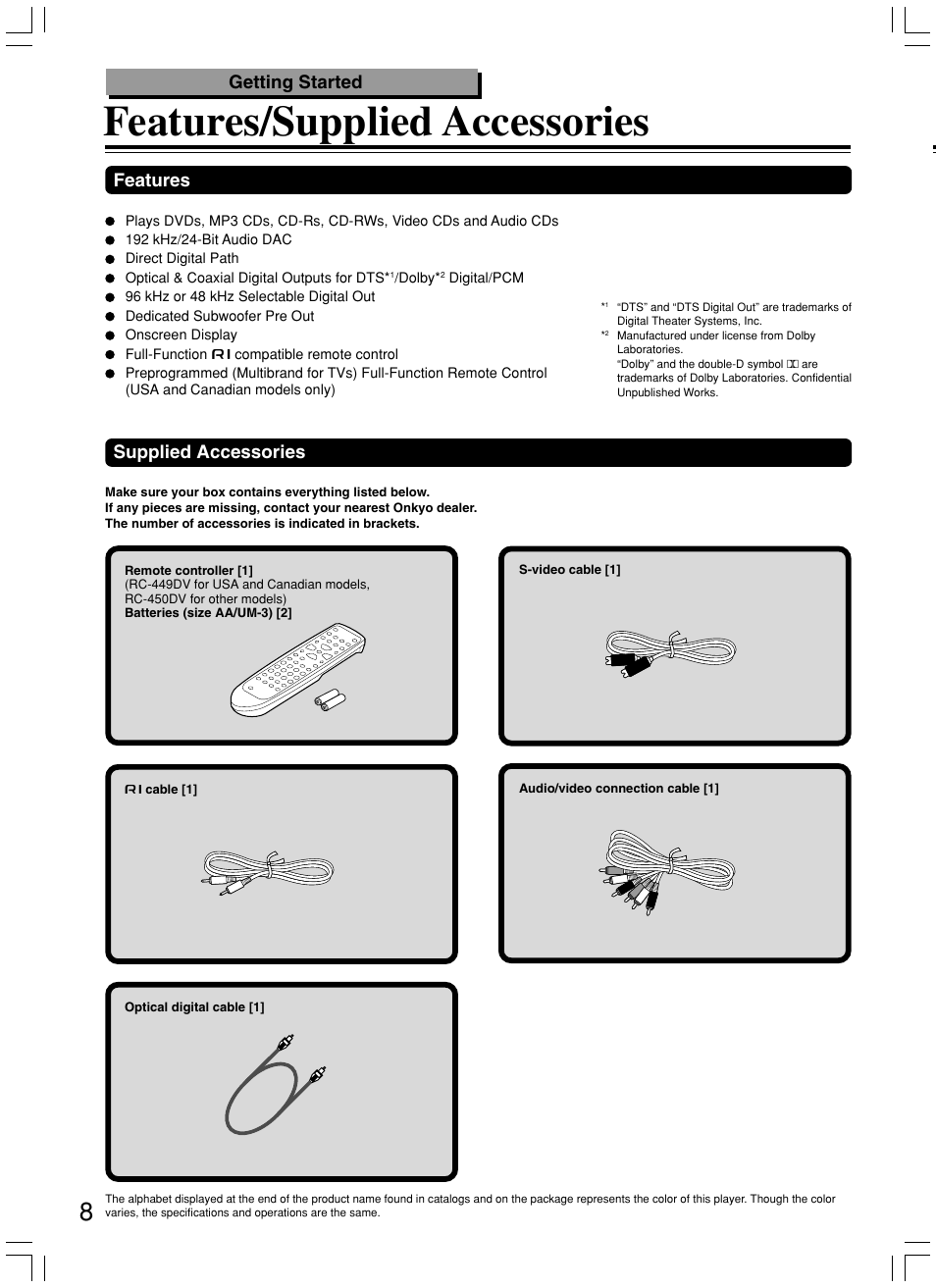 Features/supplied accessories, Getting started, Supplied accessories | Features | Onkyo DV-L5X User Manual | Page 8 / 60