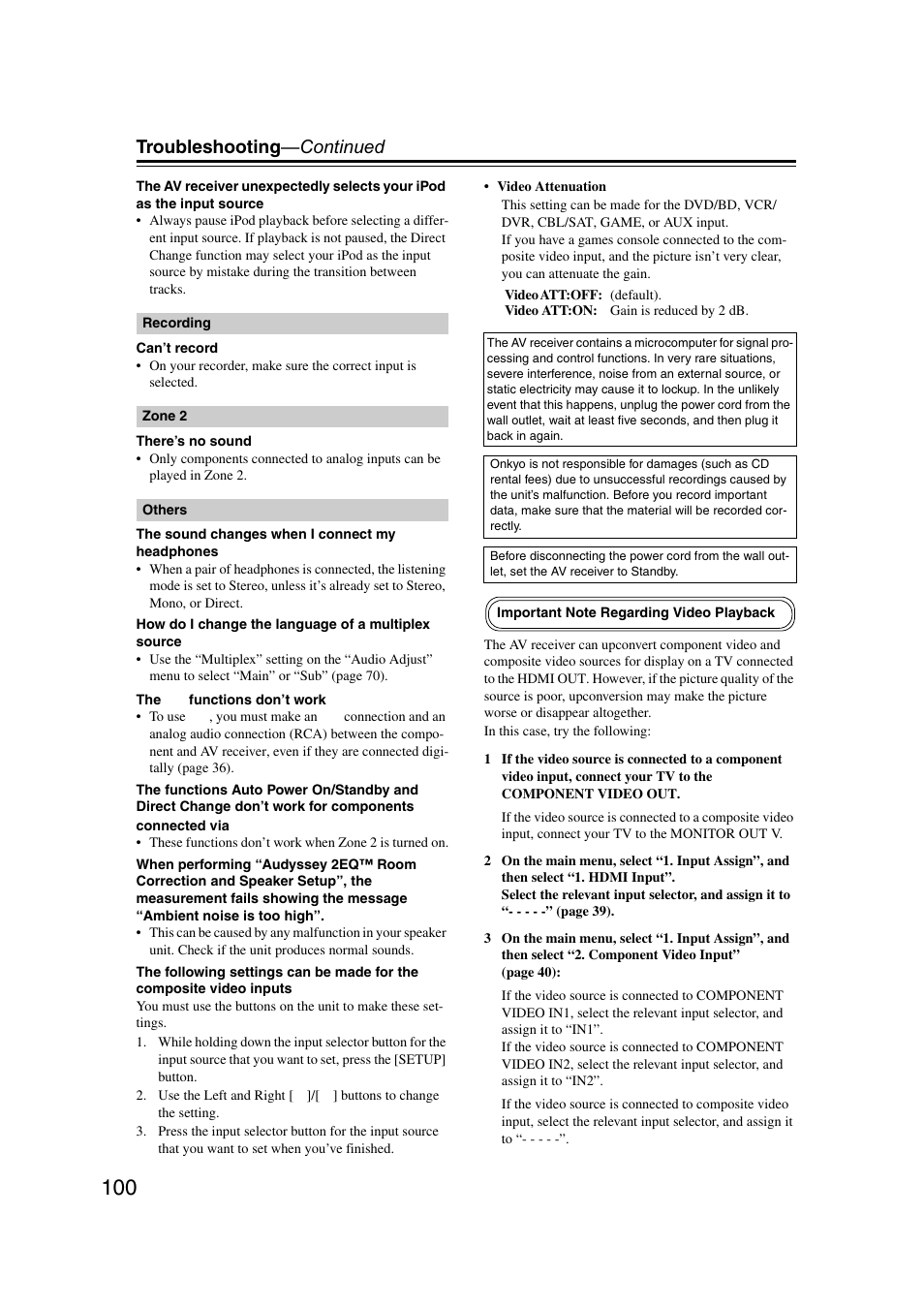 Troubleshooting —continued | Onkyo HT-RC160 User Manual | Page 100 / 121