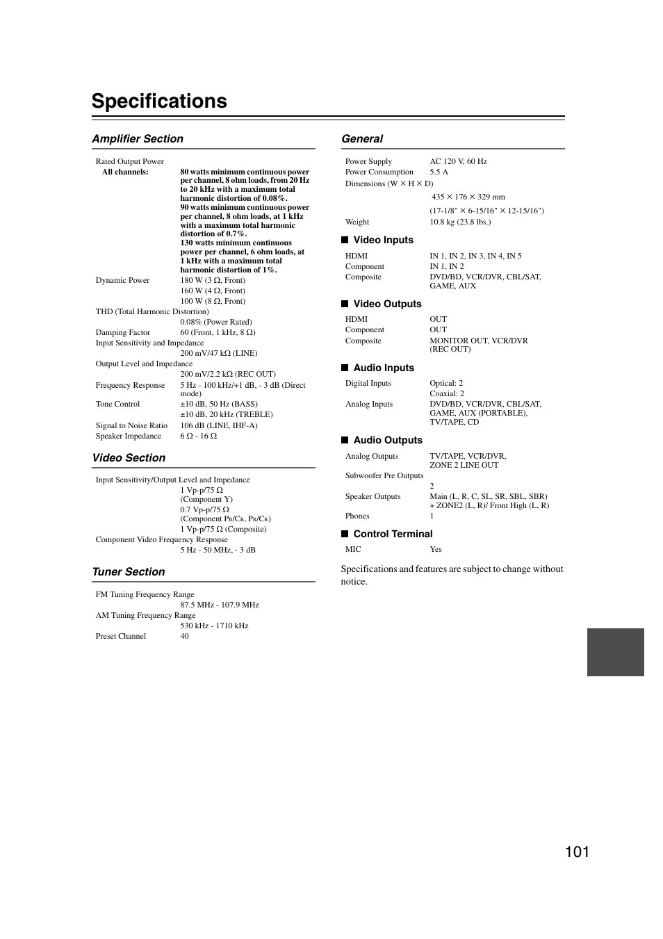 Specifications | Onkyo HT-RC160 User Manual | Page 101 / 121