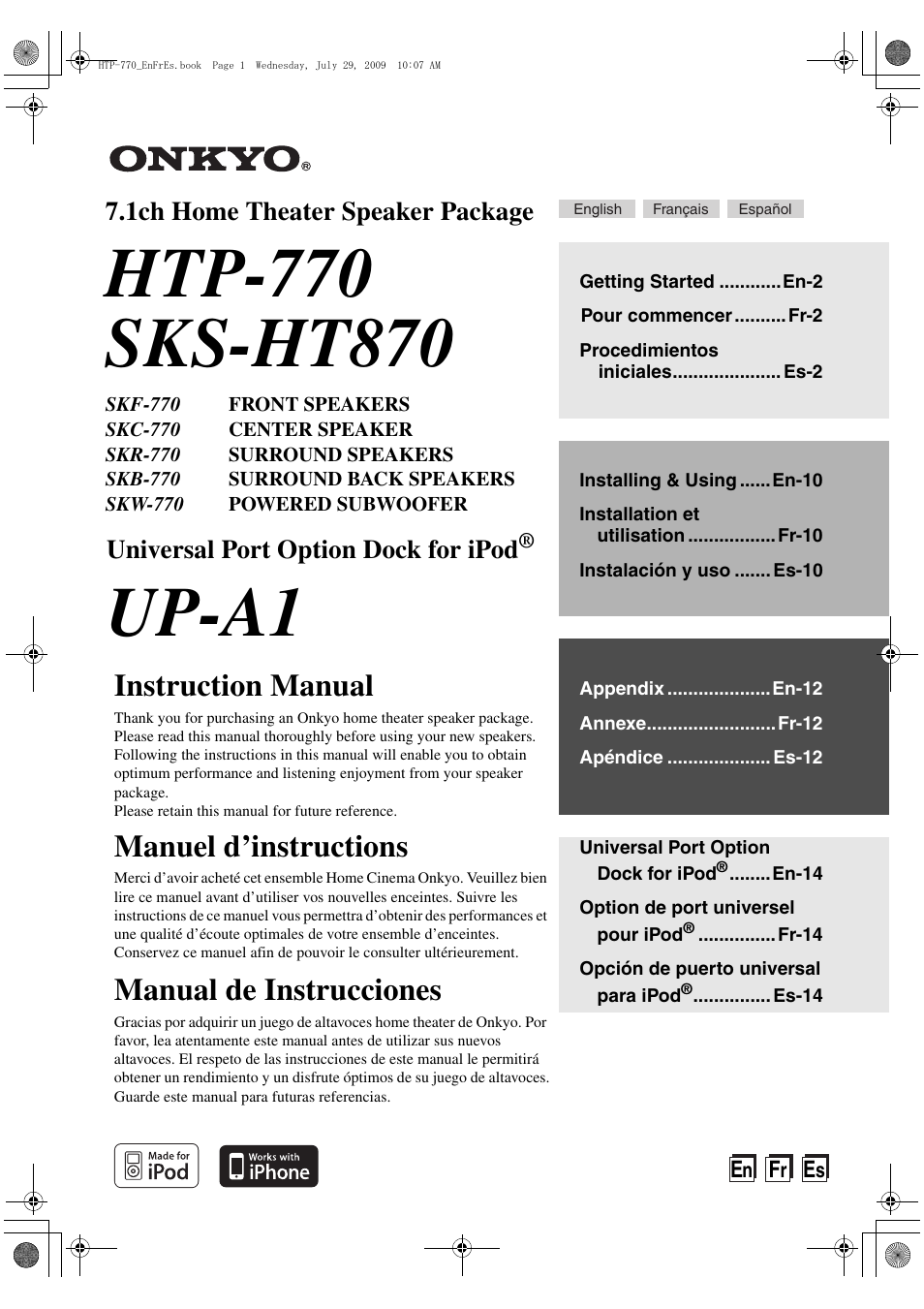 Htp-770_en_web, Up-a1, Instruction manual | Manuel d’instructions, Manual de instrucciones, 1ch home theater speaker package, Universal port option dock for ipod | Onkyo HT-RC160 User Manual | Page 105 / 121
